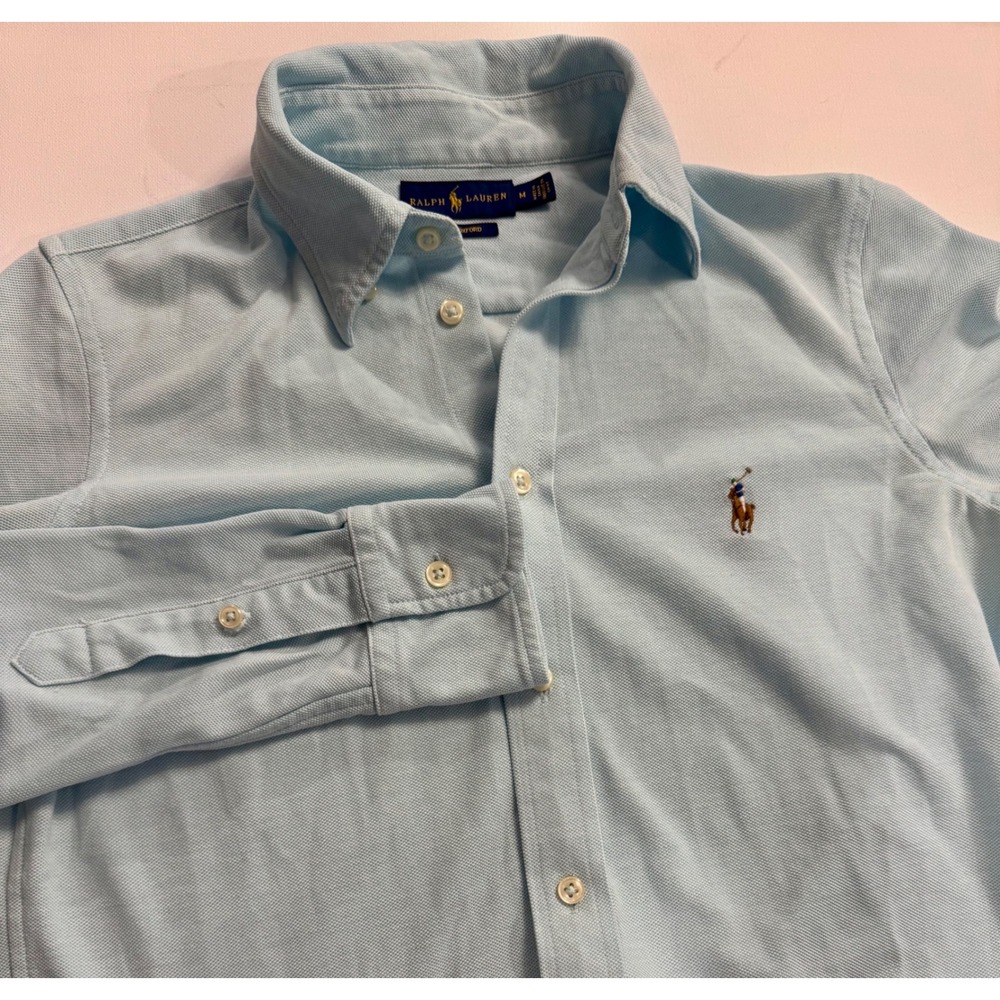 Ralph Lauren Knit Oxford Shirt Mens M Slim Light Blue Pony 100% Cotton 18x26 - Picture 2 of 13